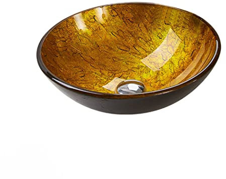 HKFJSH Bathroom Vessel Sink with Drain Combo, Round Countertop Bathroom Sink Bowl Tempered Glass 12MM Thick Vanity Sink Bowl On the Top Yellow Simple Crack Shape Vessel Bowl Sink, Without Faucet