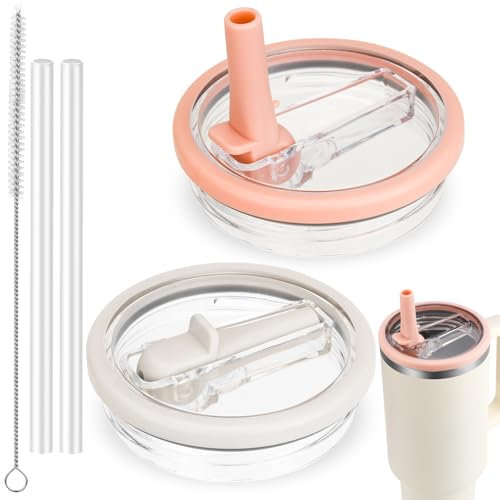 Flip Straw Lid for Stanley Quencher, Spill Proof 40 OZ Tumbler Lids for Stanley Cup, Non Spill Straw TOP Cover Replacement Accessories with Brush Pink and White