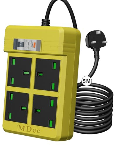【MDee】RCD Extension Lead 4 in 1 Extension Power Strip 13A/3250W GFCI Surge Protected Extension Socket,5m/16.4ft Heavy Duty Extension Lead with Leakage Protection For Home Workshop Garage,Yellow