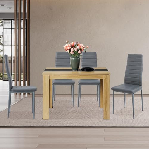 FURNITABLE Esstisch mit 4 Stühlen Esszimmergruppe, Essgruppe mit Hochlehner Kunstleder Stuhl für 4 Personen, Sitzgruppe für Küche Esszimmer Wohnzimmer(110cm Eiche-Schwarz Tisch+4 Grau Stühle)