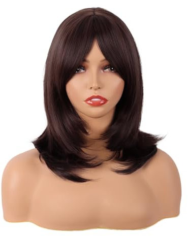 MapofBeauty 18 Zoll/45 cm Layered Bangs Gerade Synthetische Faser Schulter Länge Haar Tägliche Verwendung Perücke (Dunkel Braun)