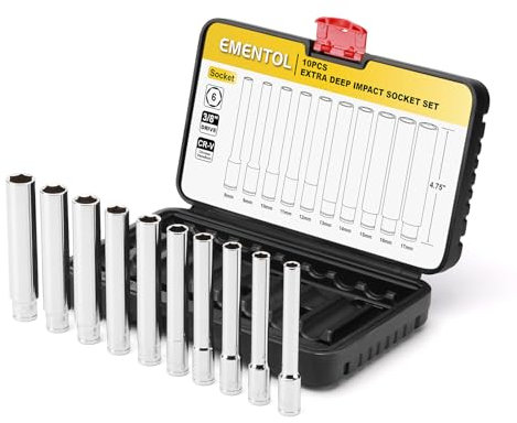 EMENTOL 10PCS 3/8-Inch Drive Metric Deep Socket Set, 8-17MM Deep Sockets, Extra Long, 6-point, Cr-V Steel