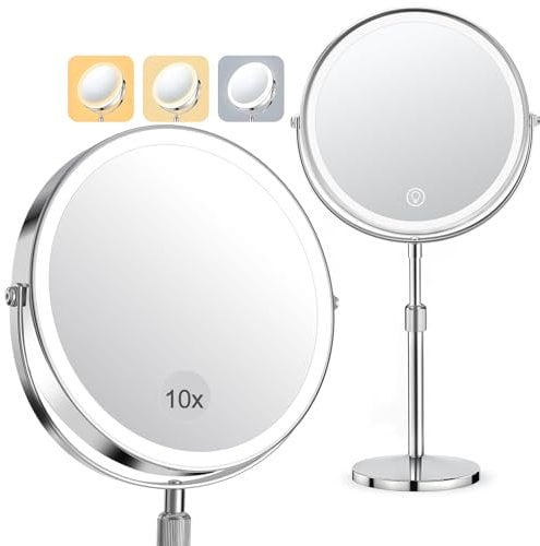 SURFOU Miroir Maquillage Grossissant Lumineux, 10X/1X Double Face Miroir 3 Couleurs 64 LED, Miroir Maquillage Grossissant Rechargeable Rotation 360° Portable