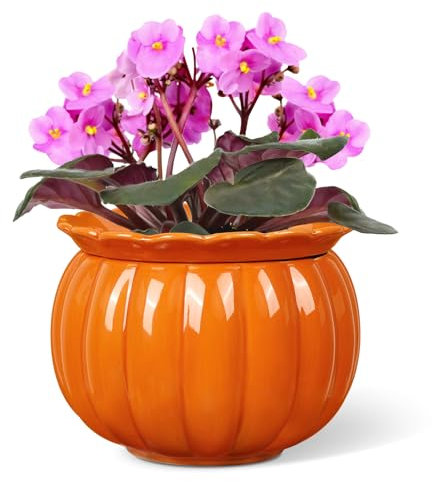 LITUDISO African Violet Pots, Self-Watering Ceramic Planter – 6 Inch Pot for Indoor Plants, Simple Self-Watering Design for Home & Office Décor, ​Bright Pumpkin Orange