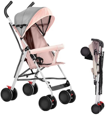 Ingenious Kinderwagen mit 4 Rädern, kompakter Buggy für Babys, 0 – 4 Jahre, Kinderwagen, kompakt und leicht, Reisen, 45 x 67 x 100 cm, Sitzversion, dreiteiliges Verdeck, mit Moskitonetz, rosa