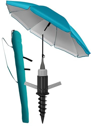 4smile Sonnenschirm Strand SunnyJoy 3-IN-1-SET, Fb. Türkis - Strandschirm Ø 180 cm + Bodenhülse + Schutzhülle - Strandschirm windfest stabil, Strandschirm mit UV-Schutz 50+