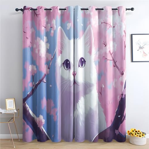 Luxfieo Katze Vorhänge Süße Cartoon Weiße Kätzchen Vorhang Blickdicht Gardinen 137 cm Hoch Verdunklungsvorhänge mit Ösen Thermovorhang für Wohnzimmer Schlafzimmer Kinderzimmer Fenster Deko 2er Set T#1