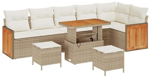 vidaXL 9-teiliges Gartensofa-Set mit Kissen in Beige aus Poly-Rattan und Akazienholz. Bequeme Sitzgelegenheit mit Stauraum für deinen Patio, Balkon, Terrasse oder Loungedeck.