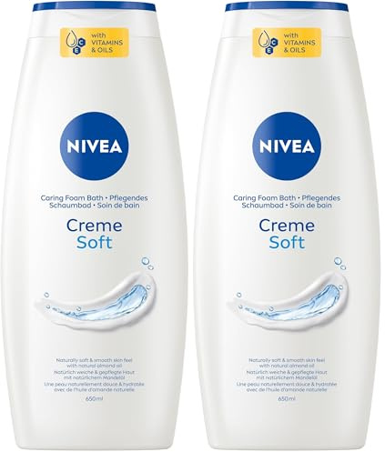NIVEA Creme Soft Pflegendes Schaumbad, pflegender Badezusatz mit mildem Duft und Mandelöl, hautschützendes Entspannungsbad für ein gepflegtes Hautgefühl (650 ml) (Packung mit 2)