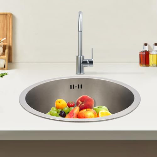 Lavello rotondo da 41 cm, in acciaio inox, 1 vasca, da incasso, piccolo lavello da cucina con set di scarico, per cucina, bagno, caffetteria