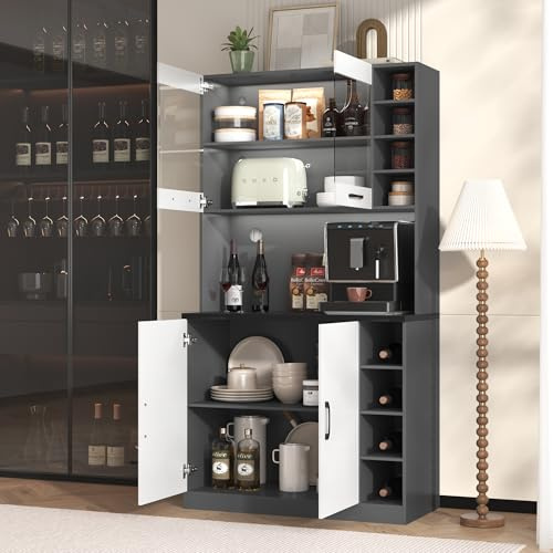 MURUL 100 x 47 x 187 cm, armario de cocina, buffet con iluminación LED ambiental y agujeros para cables, tablero de cocina de madera, gran espacio para microondas, independiente, estantes laterales