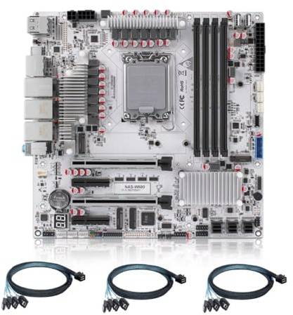 MNBOXCONET W680 LGA1700 M-ATX NAS Motherboard 12 Bay, 4xU-DIMM ECC DDR5 RJ45 10GBE LAN, Mainboard Dual PCIEx16 Slot, Miniboard 3xM.2 NVME Slot, Five Display, DDR5 16GB RAM 256GB SSD With Cable