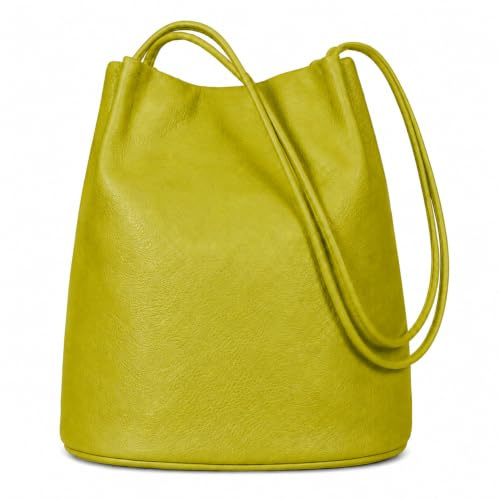 Mabel London Women's Fashion Designer Medium Size Plain Soft Vegan Leather Hobo Bucket Tote Shoulder Bag - Delilah (Lemon Green)