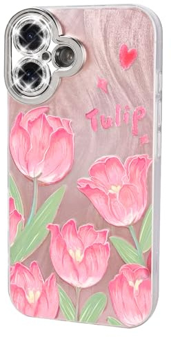 AULEEP for iPhone 16 Case, Cute Girly Floral Phone Case Slim Cover Full Protective with Camera Lens Protector, Durable Shockproof TPU Protective Case Flower Design for Women Girls, Pink Tulip