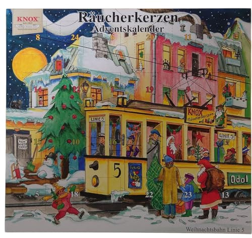 KNOX Adventskalender „Weihnachtsbahn Linie 5“ – 24 himmlische Düfte, original Räucherkerzen aus dem Erzgebirge, Weihnachtskalender mit Duftkerzen, traditionelles Geschenk für die Adventszeit,