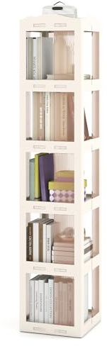 HOMASIS 3/4/5-stöckiges Bücherregal, 360° drehbares Standregal, klappbares Büroregal mit Mit transparenter Blende, Aufbewahrungsregal Regal für Wohnzimmer Arbeitszimmer Büro (Weiß, 5 Ebenen)