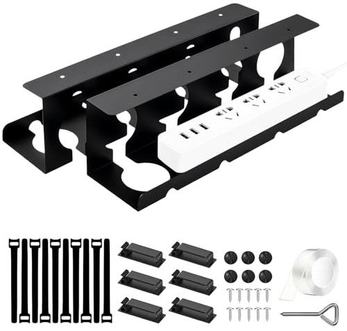 2 Pcs Kabelmanagement Schreibtisch Ohne Bohren, Kabelhalter Selbstklebend Geschraubt, Kabelwanne Schreibtisch mit 12 Kabelhalterung, 10 Schrauben, 10 Krawatten, Schraubendreher, Band, Kabel Organizer