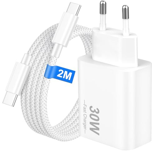 Bamkey Caricatore USB C 30W con Cavo USB C a USB C 2M in Nylon Intrecciato per iPhone 17 16 15 Pro Max Plus, Alimentatore PD 3.0 Carica Rapida per iPad Pro 13/11 M4, iPad Air 13/11 M2, Samsung S26 S25