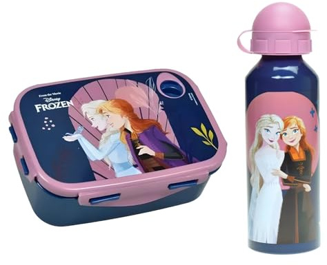Disney Die Eiskönigin (Frozen) Kinder Lunch Set 2-teilig – Brotdose + Alu-Trinkflasche 500 ml – ELSA & Anna Design – Frühstücks-Set für Kindergarten, Schule