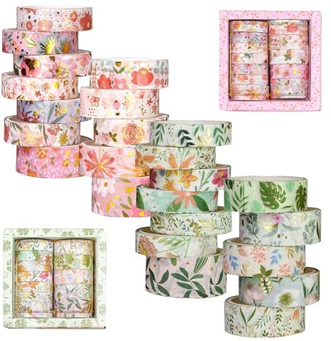 FENGCHUANG 24 Rollen Washi Tape Masking Tape Set Rosa/Grün | Goldfolie Blume Dekoratives Klebeband für Scrapbooking - Diy Handwerk Bullet Journals Planners Geschenkdekoration Verpackung