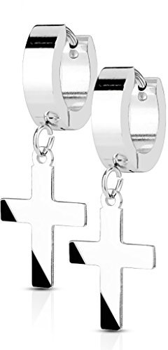 Bungsa Edelstahl Creolen mit Kreuz Anhänger 1 Paar Silber für Damen (Ohrstecker Ohrringe Ohrhänger Creolen Ohrschmuck Ohrklemmen Damen Frauen Herren Mode)