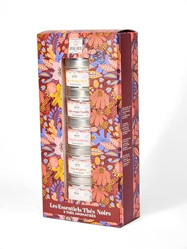 QUAI SUD Coffret Thés Noirs Les Essentiels | 5 thés 20g | Figue Orange Miel - Litchi Rose - Nougat Framboise - Pain d'Épices - Fruits Rouges Vanille
