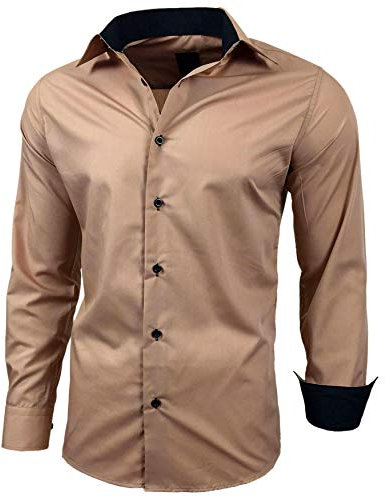Baxboy Herren-Hemd Slim-Fit Bügelleicht Für Anzug, Business, Hochzeit, Freizeit - Langarm Hemden für Männer Langarmhemd R-44, Farbe:Beige, Größe:2XL