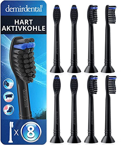 8er demirdental Aktivkohle Aufsätze passend für Philips Sonicare Ersatzbürsten, Harte Bürstenköpfe für extra intensive & natürliche Reinigung, Schwarz, entspricht HX9058b