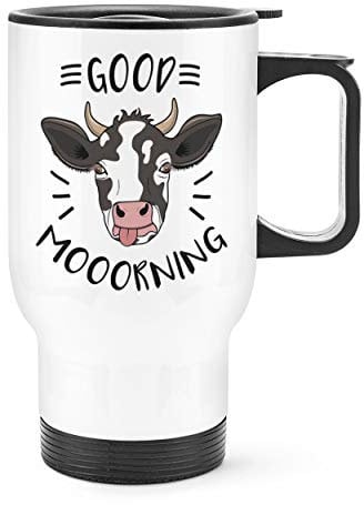 Bueno Mooorning Vaca Viaje Taza con Mango