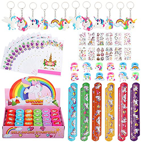 84 Pezzi Gadget Unicorno Compleanno Bambini, Portachiavi Braccialetti Slap Sacchetti Timbri Tatuaggi Temporanei Anelli, Festa Regalo