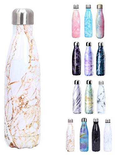 JK Home 500 ml Wasserflasche 304 Edelstahl doppelwandig Vakuum Flaschen hält kalt für 24 Stunden, heiß für 12 Stunden, Marmor G: Gold-Weiß