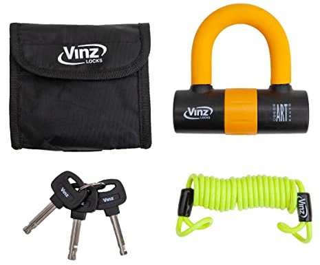 VINZ Dinara Bremsscheibenschloss ART4 | Schloss für Motorrad Roller Moped Scooter für Bremsscheiben mit Errinerungskabel | Scheibenschloss mit 3 Schlüssel | Orange
