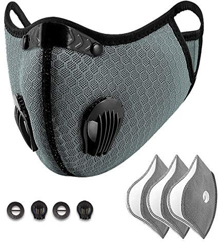 Sportmaske / Gesichtsmaske für Fahrrad, mit 3 Aktivkohlefiltern und 2 Ventilen, Staubmaske gegen Verschmutzung, Outdoor, Laufen, Auspuffmaske, grau