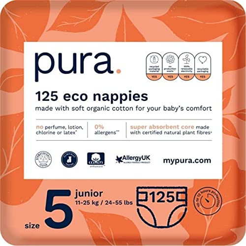 Pura Öko-Windeln Größe 5 (Junior 11-25 kg), 125 Windeln (5 x 25 pro Packung), Monatsbox, mit EU Ecolabel Zertifiziert, für Empfindliche Haut, aus Bio-Baumwolle, Geruchsfrei, 12 Stunden Auslaufschutz