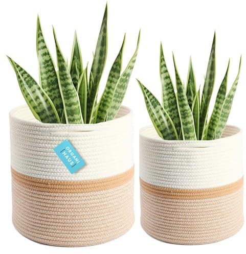 OrganiHaus Gewebter Pflanzen Übertopf Korb im 2er-Pack, Indoor Boho Korb Pflanze, Topfüberzüge aus Baumwollseil, Pflanzentopf Korb (Off-Weiß/Honing, 25cm und 30cm)