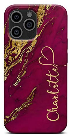 iCaseDesigner Personalised Marble Glitter Flowing Name with Heart Phone Case for Apple iPhone 11 Pro Max - 15. Maroon Marble with Faux Gold Swirls Vertical Name