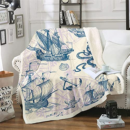 Homemissing Jahrgang Nautisch Fleece Decke 130x150cm Alter Segelboot Anker Flanell Fleecedecke Marine Ozean Thema Kuscheldecke und wirft Muschel Seestern Flauschige Wohndecke