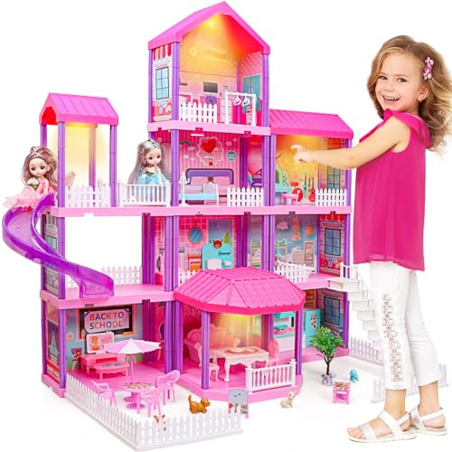 beefunni Doll House, Dream Dollhouse for Girls,Doll Houses 4-5 7-8 Year Old with 4 Stories -11 Rooms, 2 Dolls and Furniture, Princess Dollhouse 2026 Christmas Toy Gifts for 3 4 5 6 7 8+ Year Old Girls