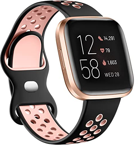 Dirrelo Armband Kompatibel für Fitbit Versa 2 Armband/Fitbit Versa Armband für Damen Herren, Weiches Silikon Sport Atmungsaktive Ersatzarmband für Fitbit Versa Lite/Versa/Versa 2, Schwarz/Rosa, L