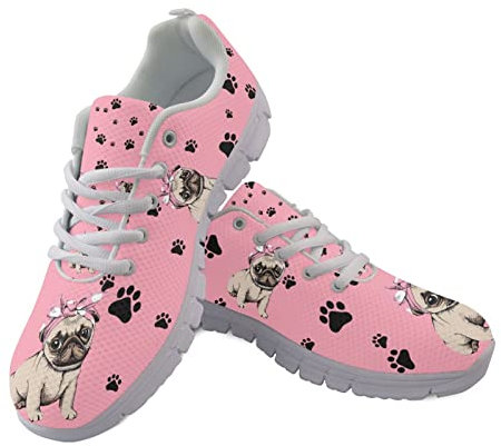 Jndtueit Damen Slip on Schuhe Rosa Mops Hund Walking Sneakers Fashion Athletic Sport Schuhe Welpen Hundepfote Muster Air Mesh Jogging Sneaker
