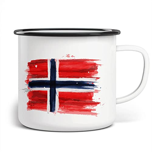 FunTasstic Emaille Tasse Camping Norwegen Flagge | Becher | Travel Mug | Van Camper, Farbe:weissschwarz, Größe:300ml