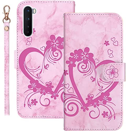 Bartern Handyhülle für OnePlus Nord Klappbar,Herz(Liebe)+ Blumen OnePlus Nord Hülle,PU Leder Wallet Schutzhülle Tasche Klapphülle mit Kartenfach Magnetverschluss Standfunktion,Rosa