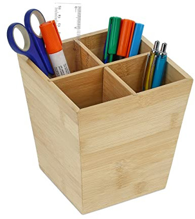 Relaxdays Porte-Crayons, Pot à stylos 4 Compartiments, Bureau, HxLxP : 15,5x14,5x14,5 cm, boîte stylos Bambou, Nature