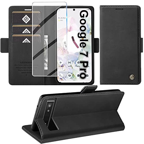 Handyhülle für Google Pixel 7 Pro Mit Schutzfolie, Standfunktion, Kartenfach - Premium Leder Schutzhülle, Flip Case Cover Klapphülle (Schwarz)