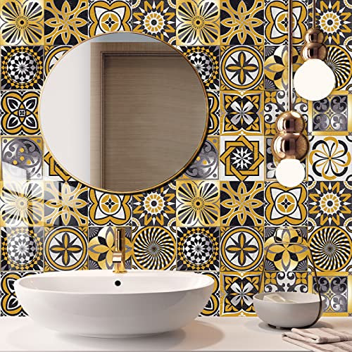 Piastrelle Adesive Cucina 10x10 Giallo Nero Piastrelle Adesive Bagno Pavimento Adesivo Paraschizzi Cucina Adesivo Piastrelle Ceramica Carta Adesiva per Mobili Vintage(10 pezzi)