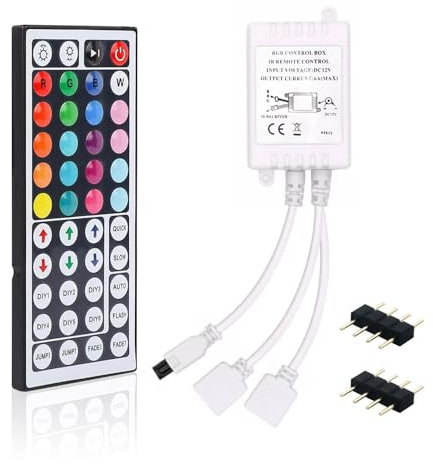 Meruido 44 Keys IR Remote Controller RGB LED Strip Light Controller Output Voltage DC12V 4 Pin 2 Ports Control Box with WirelessReceiver for RGB 5050 3528 LED Strip Lights- Dual Outputs