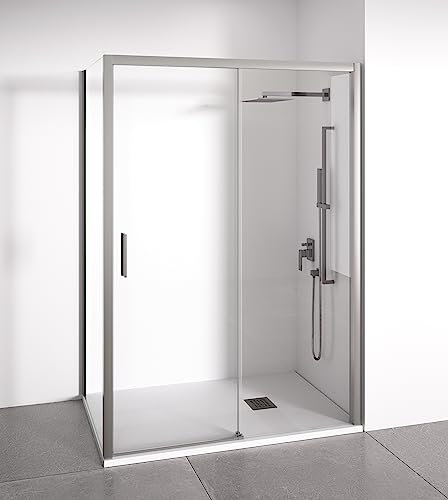 Mampara de ducha angular 1 corredera + 2 fijos - sin perfilería inferior - Cristal transparente templado 6mm - Plata Brillo - Ancho adaptable 135-140 x 87-90cm - Posición puerta izquierda - Alto 195cm