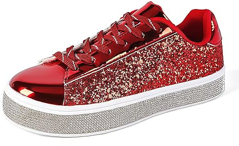 UUBARIS Sneakers da tennis glitterate da donna al neon eleganti e scintillanti scarpe da sposa con strass, Glitter rosso., 40.5 EU