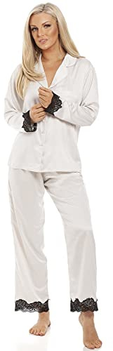 Camille Womens Antique Satin Pyjama Set - Ladies Luxury Lightweight & Breathable Full Length Pyjamas - with Button Front Fastening for Comfort and Style Ivory 14-16