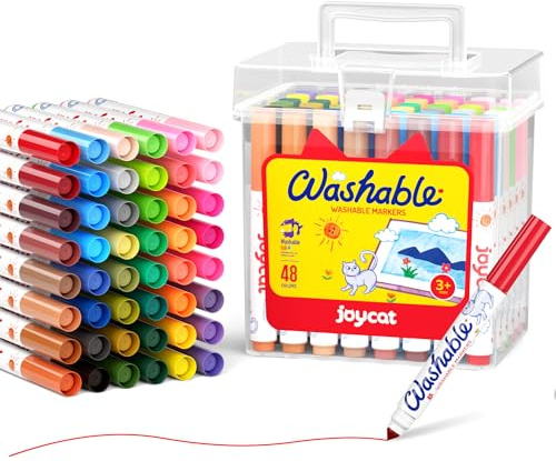 JoyCat 48 auswaschbare Filzstifte mit breiter Spitze und Tragekoffer | Konische Breitspitzen ermöglichen feine und breite Linien; ungiftige, auswaschbare Tinte für Malen, Schule und Reisen.